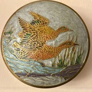 Vintage Brass & Enamel Inlay Duck Trinket Box